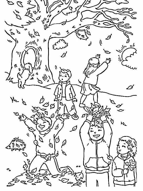 Рисунок как я провел весенние каникулы. Осенняя раскраска. Осень раскраска для детей. Раскраска осенний лес. Золотая осень раскраска для детей.