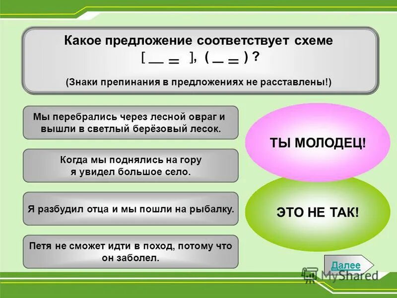 Какое предложение соответствует схеме. Какое из предложений соответствует схеме. укажите предложение соответствующее схеме. мы перебрались через лесной овраг и вышли в светлый лесок.