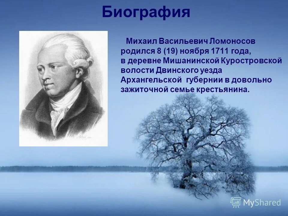 Ломоносов родился в дворянской семье