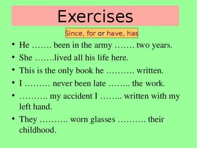 Since for упражнения. Present perfect since for упражнения. Задания на for since. For since упражнения. For или since present perfect.