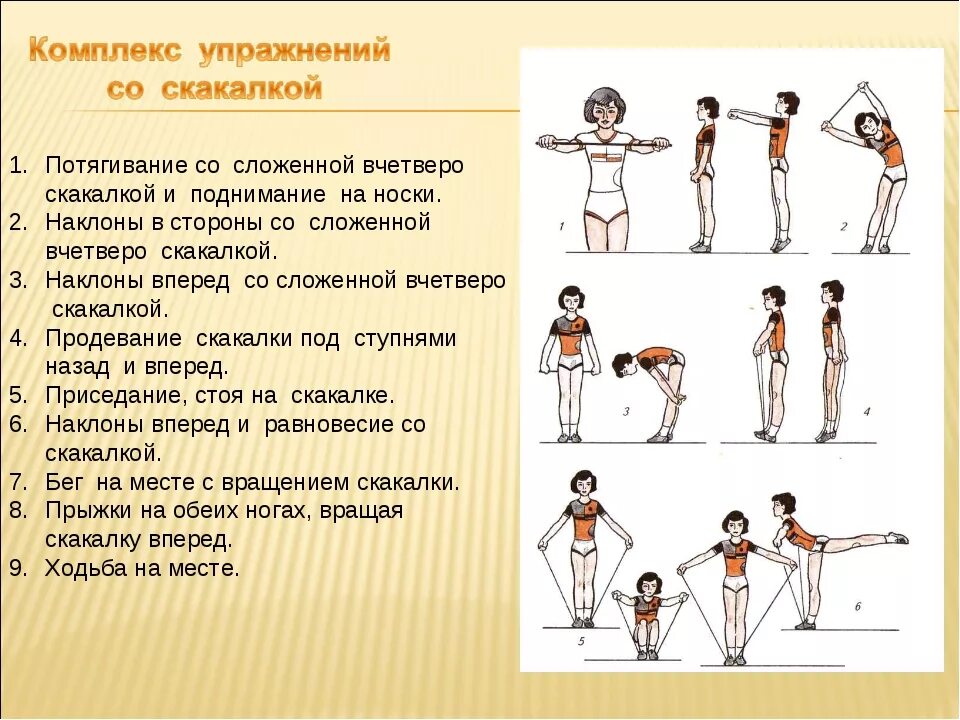 Упражнение для начальных классов по физкультуре. Упражнения для разминки со скакалкой. комплекс общих развивающих упражнений со скакалкой. комплекс упражнений со скакалкой по физкультуре 10 упражнений. ору комплекс 8 упражнений по физкультуре 1 класс.