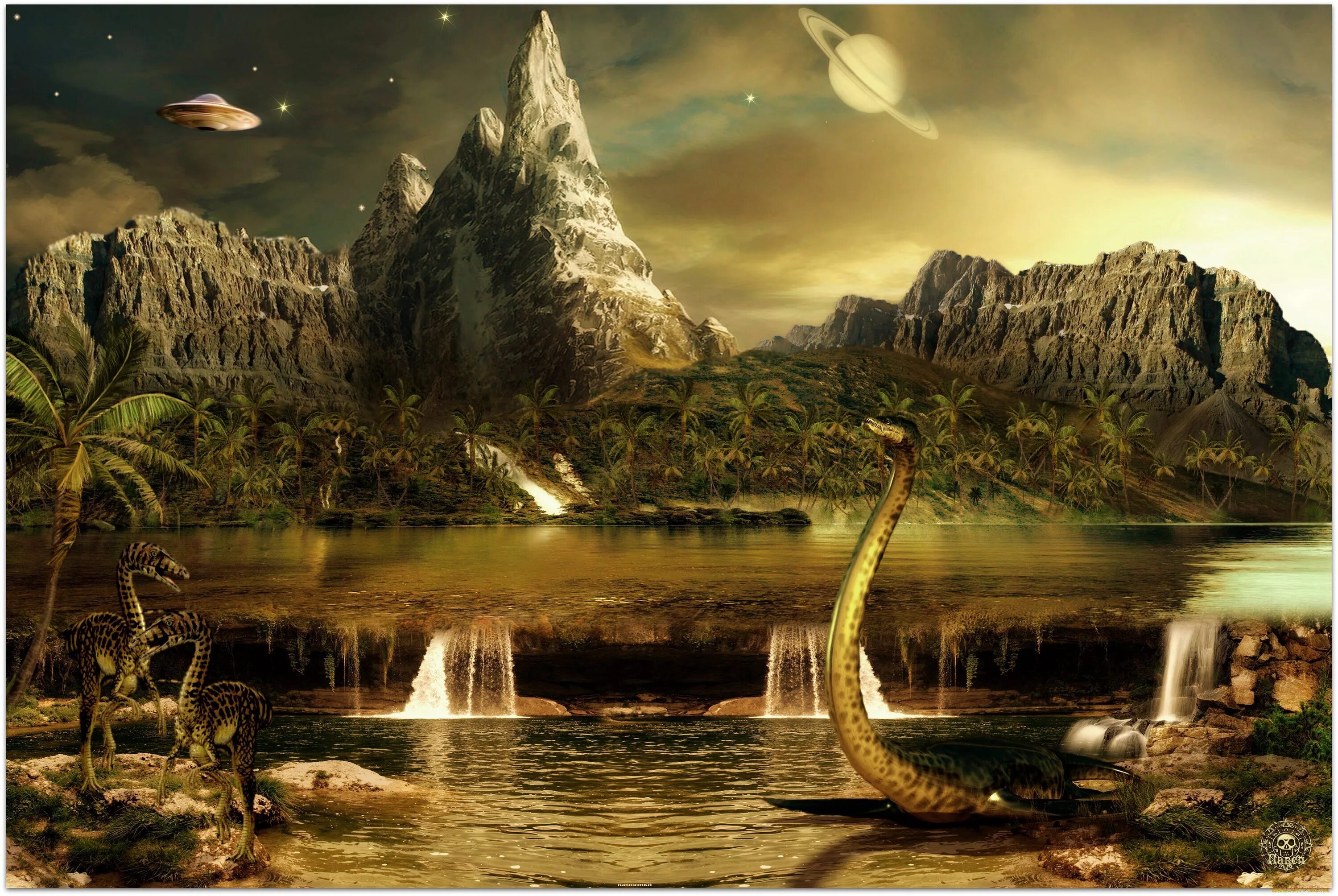 Природа древней земли. Юрский период мезозойской эры. Джен Грин "мир динозавров". Фантастические пейзажи. Фэнтези пейзажи.