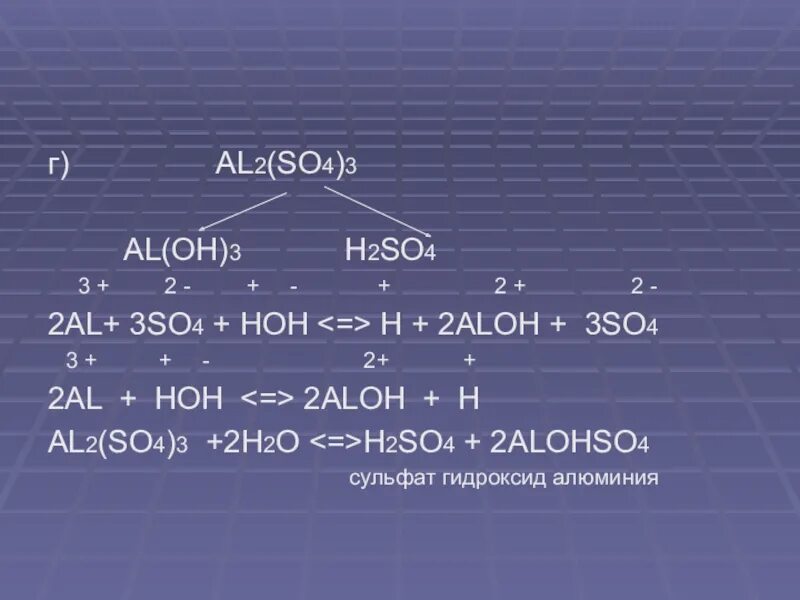 Вычислить na2so4. Al2 so4 3 гидролиз. Al h2so4 al2 s h2o +h2. Al2 so4 al Oh 3 ионное уравнение. H2so4 al Oh 3 признак реакции.