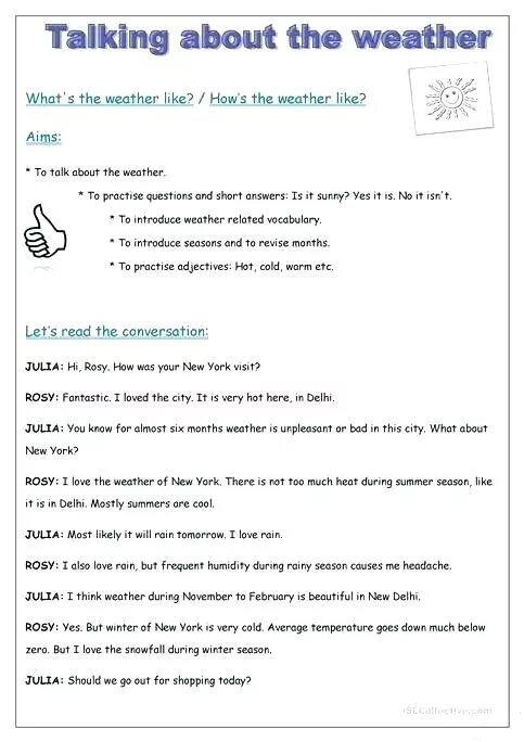 Weather conversations. Speaking about the weather. Let's talk about weather. Questions about weather. Weather discussion questions.