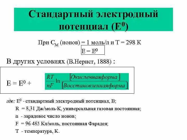 Стандартный электродный потенциал реакции формула. Как рассчитать электродный потенциал. Электродный потенциал реакции формула. Стандартный электродный пот.