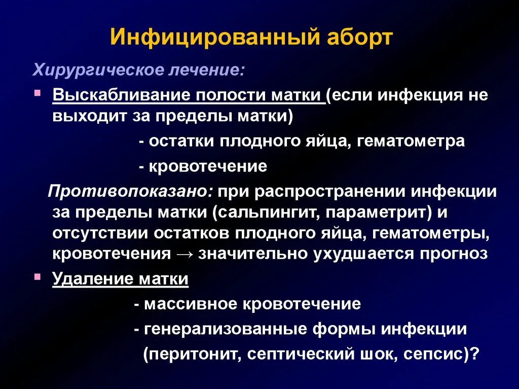 Инфицированный и септический аборт. Осложненный септический аборт. Хирургическое прерывание. Хирургические методы прерывания беременности. Виды хирургического лечения