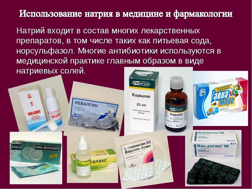 Натрий в состав каких веществ входит. Натрий в медицине. Лекарственные препараты с натрием. Применение натрия в медицине. Натрий и калий в медицине.