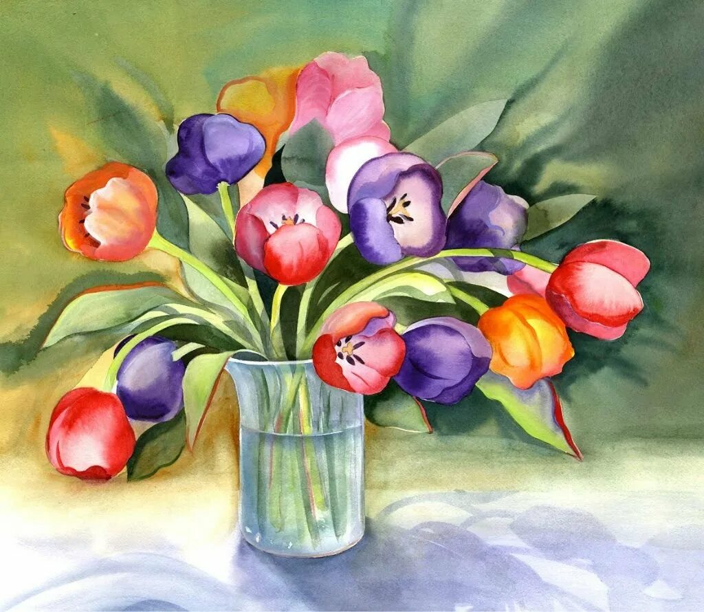 Ваза с тюльпанами рисунок. Натюрморт ваза с цветами. Цветы гуашью. Цветы в вазе гуашью. Весенний букет живопись.