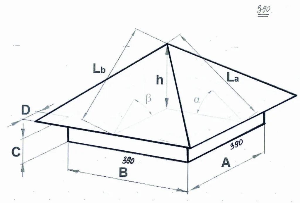 Крыша под колпак. Чертежи колпака на столб кирпичный 38х38. Раскрой колпака на столб 390х390. Чертеж колпака на столб заборный 350/350 h100. Дымник 520х520х0,5оц.оцинк.