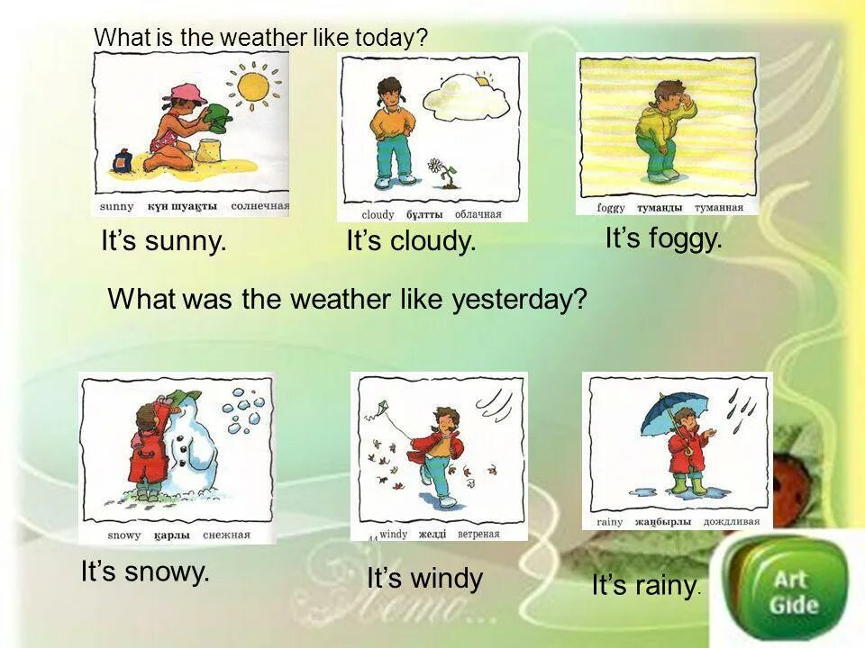 Like yesterday. What is the weather like. What the weather like today. What is the weather today. What weather is it today.