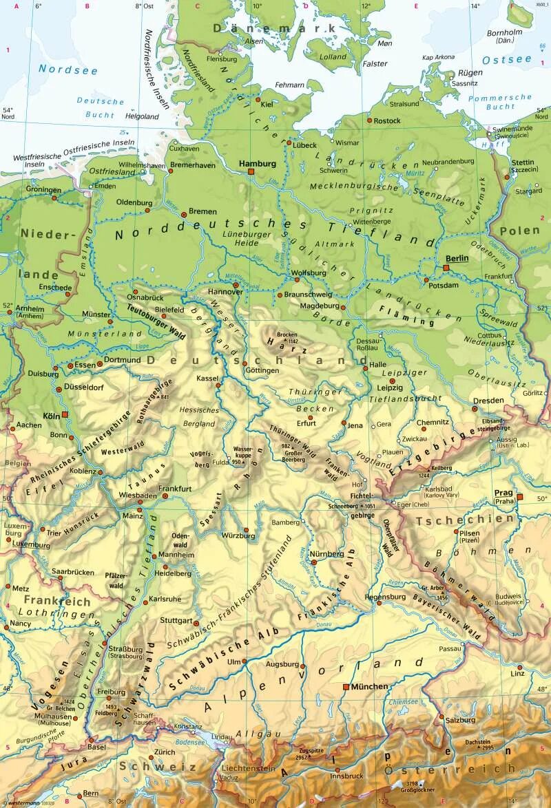 Физическая карта Германии. Рейнские сланцевые горы на карте Германии. Физическая карта Гиркании. Физическая карта Германии с реками. Какие горы на территории германии