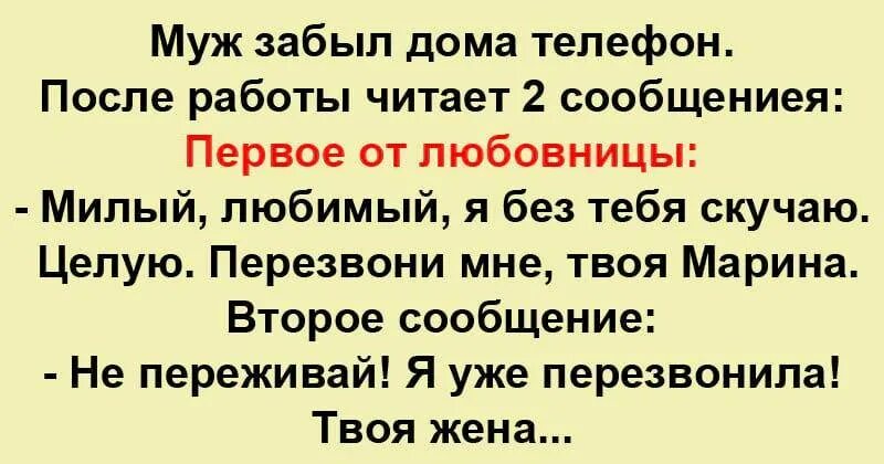 Муж забыл дома телефон. Забыла телефон дома. Муж забыл дома телефон после работы читает два сообщения. Анекдот про забывчивого мужа.