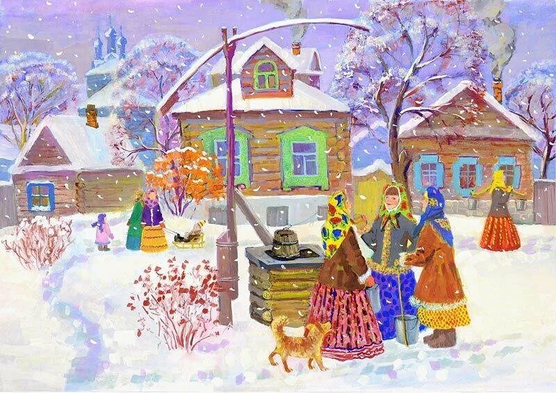 Тема зимние праздники. Елена Уварова художник деревня. Художник Елена Уварова Масленица. Художница Елена Уварова Пасха. Наивная живопись Елена Уварова.