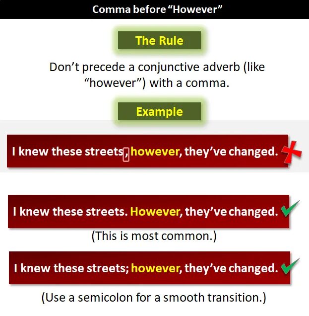 Perhaps you forgot a comma python. Comma before however. or comma. however comma after. sentences with semicolons.