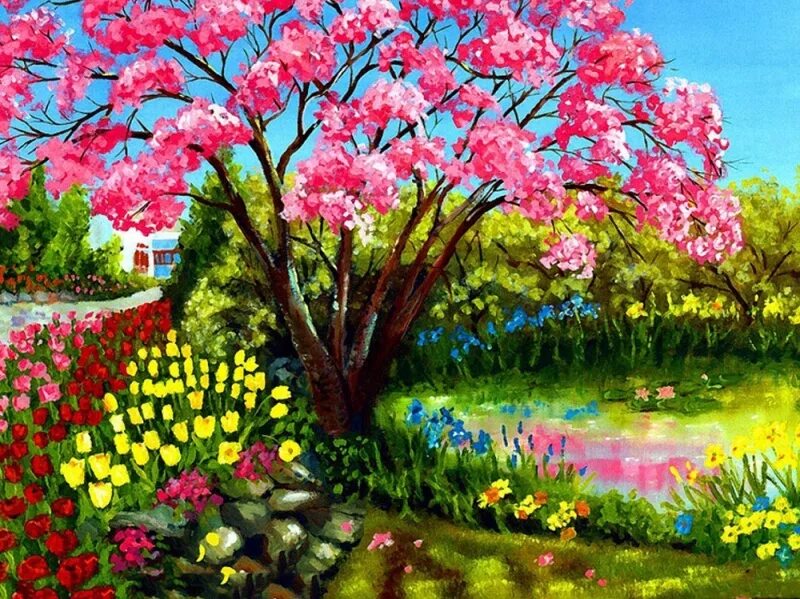 Весенний сад картинки для детей. Весенний пейзаж. Цветущий сад живопись. Рисование Цветущий сад. Весенний пейзаж красками.