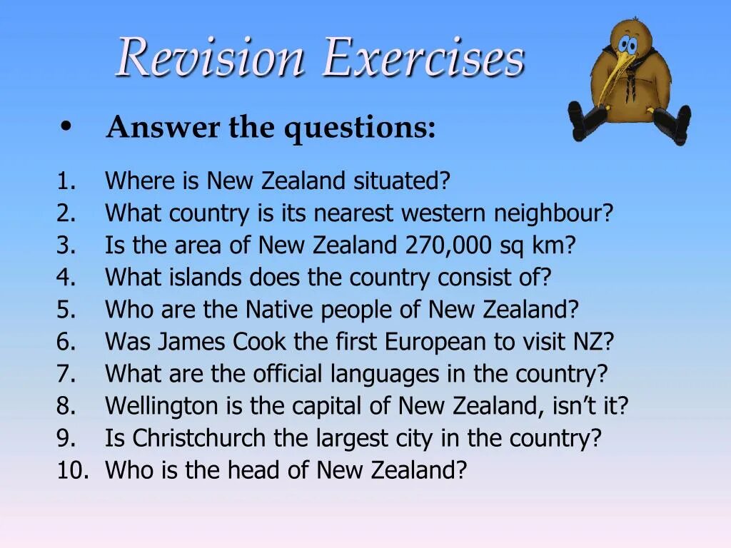 New Zealand questions. Where is New Zealand situated. New Zealand question exercises. Revision exercises. Where is the situated ответ