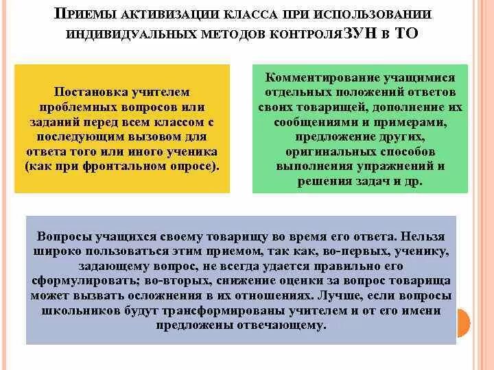 Особенности реализации контроля. Приемы активизации. Приемы интенсификации.