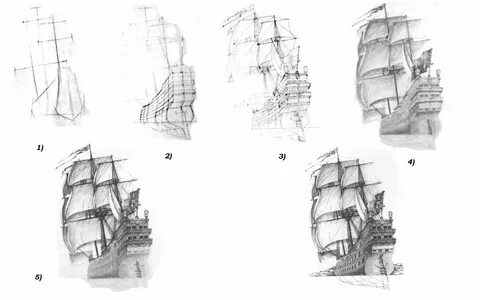 Как нарисовать корабль Галеон карандашом поэтапно