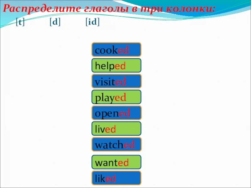 Распредели глаголы.. Распредели глаголы в три колонки t d ID cooked. Распределение глаголов по t d ID. Глаголы 3 колонки
