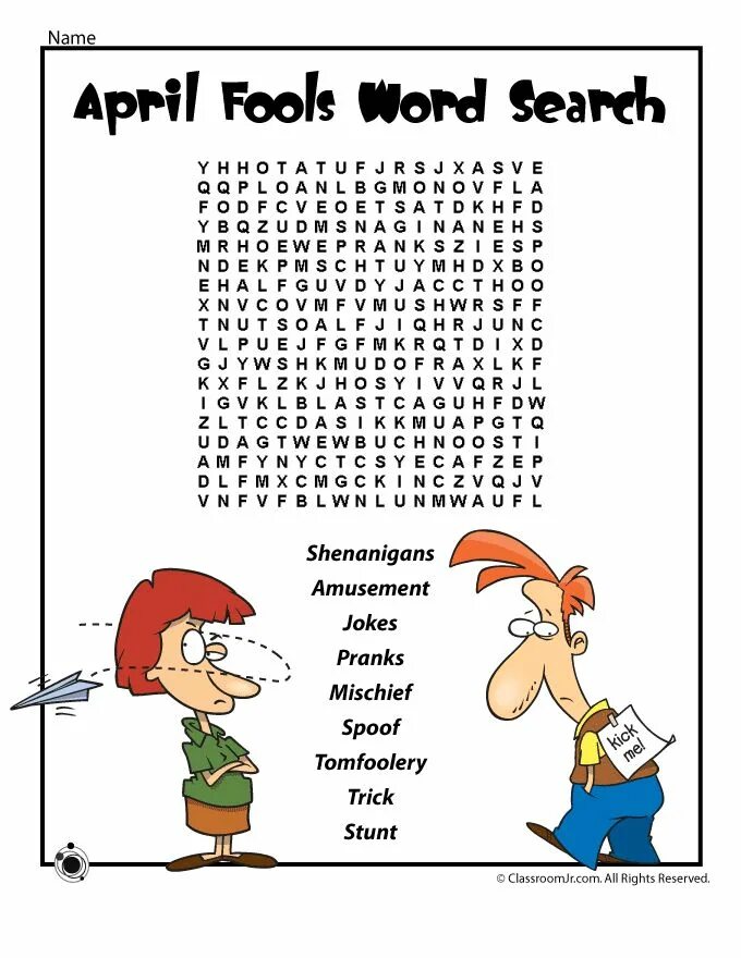 Wordsearch April. April Fool's Day Wordsearch. April Fools Day for Kids. April Fool's Day jokes. April jokes