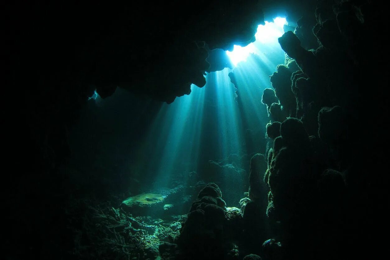 Сквозь толще воды. Подводные пещеры. Океаны. Глубина. Дно океана. Море глубина.