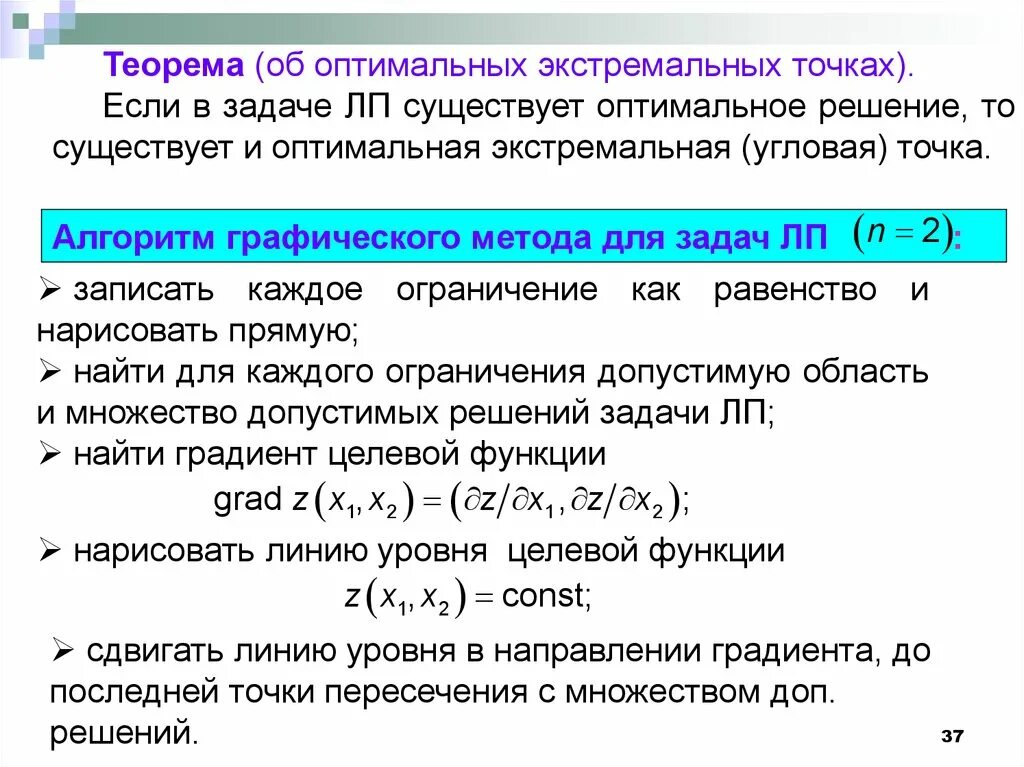 Теорема о множестве решений задачи ЛП. Теорема об оптимальном плане.. Теорема об оптимальной оценке. Градиент целевой функции показывает.