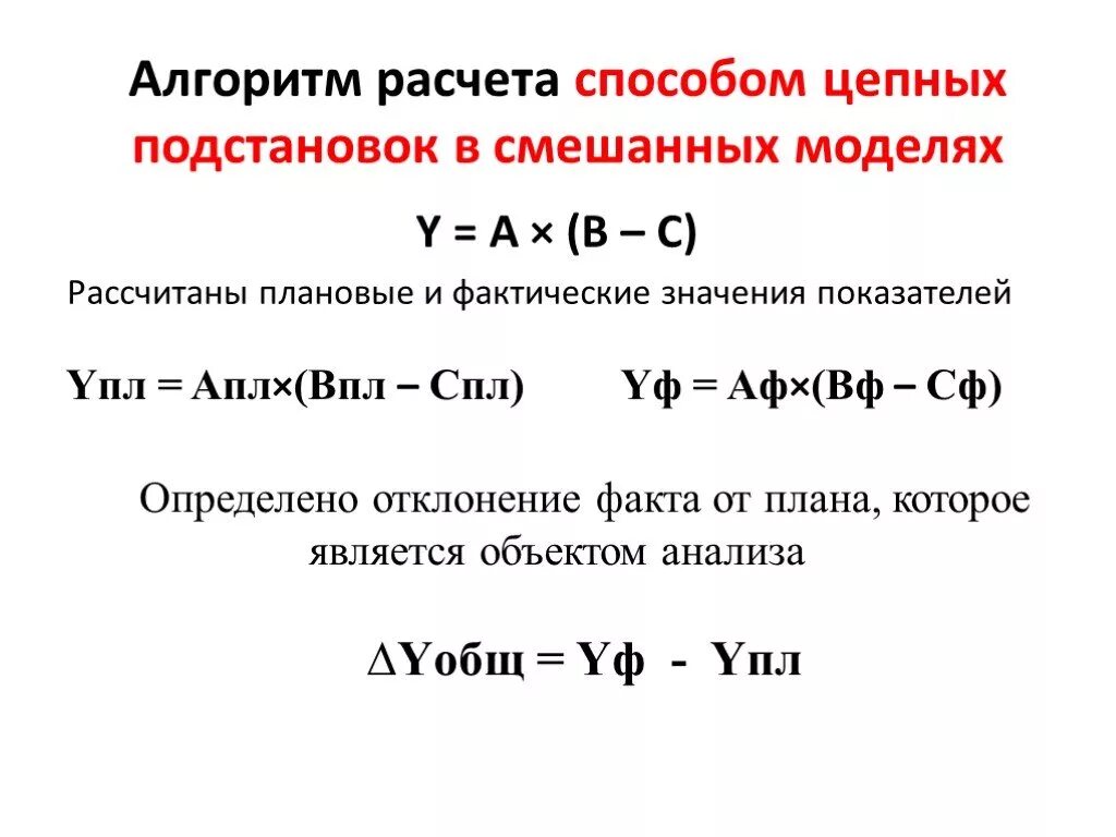 Метод цепных подстановок формула. Алгоритм метода цепных подстановок. Факторный анализ способом цепных подстановок. Цепной метод анализа. Методы расчета моделей