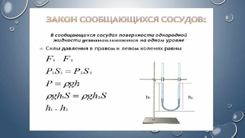 Объясните почему в сообщающихся сосудах. Сообщающиеся сосуды формулы 7 класс. Сообщающиеся сосуды физика 7 класс формулы. Принцип сообщающихся сосудов формула. Сообщающиеся сосуды однородная жидкость формула.