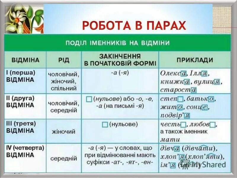 Відміни іменників. Іменники 1 та 2 відміни. Поділ іменників на відміни. Відмінювання іменників приклад.