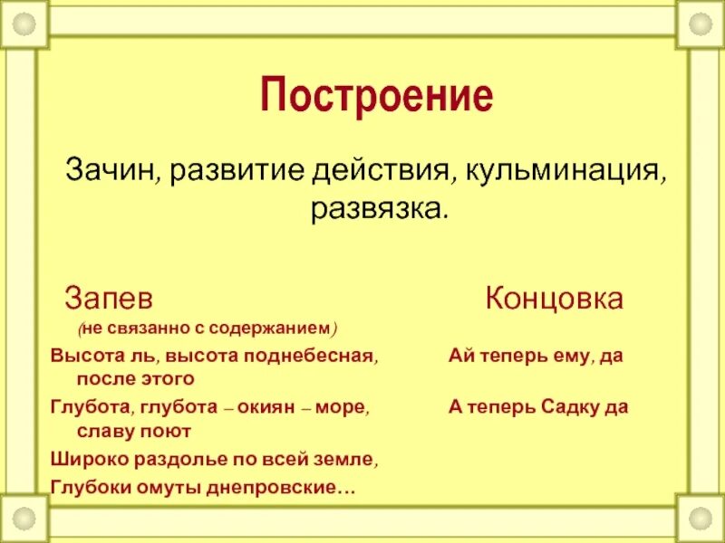 Зачин развитие действия кульминация развязка. Запев зачин. Понятие зачина. Запев зачин завязка кульминация в былине. Высота высота поднебесная