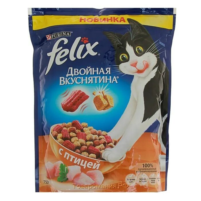 Корм сухой для кошек Felix двойная вкуснятина с птицей, 300г.