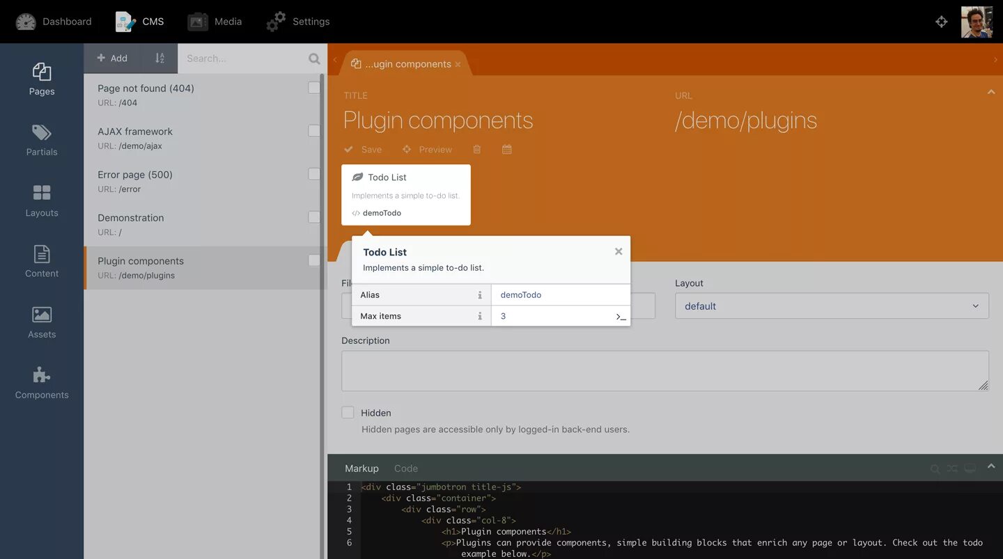 Media component. Media cms. magento cms. october cms. october cms dashboard.