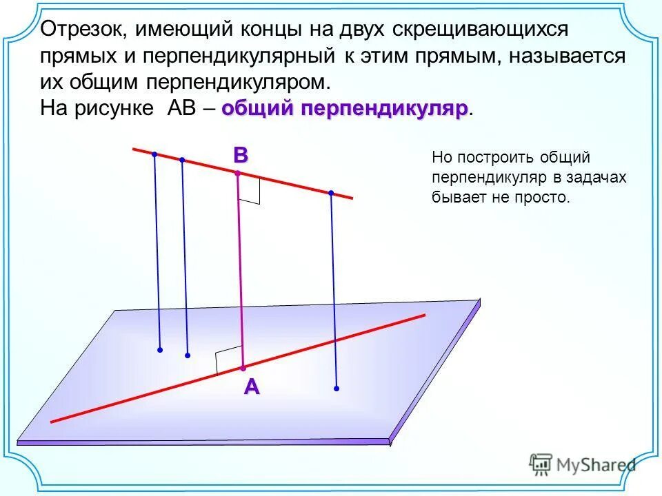 Общий перпендикуляр скрещивающихся прямых. Общий перпендикуляр двух скрещивающихся. Что такое общий перпендикуляр скрещивающихся прямых. Построение общего перпендикуляра двух скрещивающихся прямых. Скрещивающиеся прямые в плоскости.