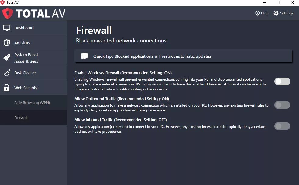 Inbound traffic blocked check firewall settings