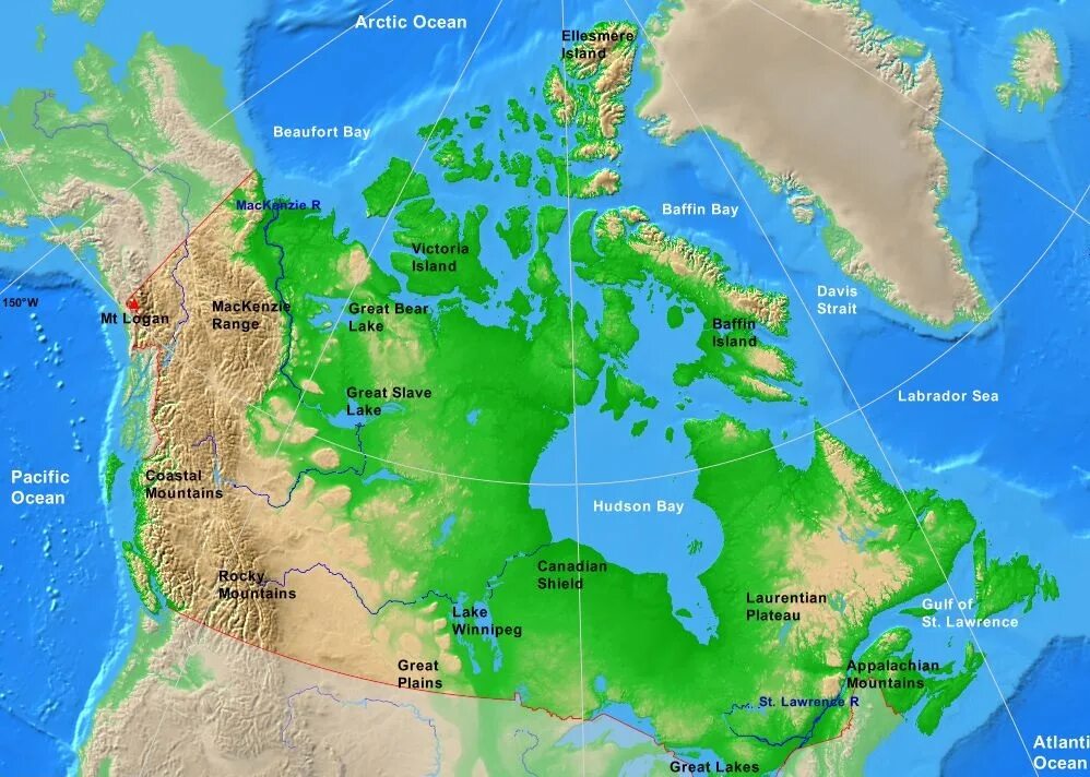 Рельеф Канады карта. Рельеф Канады физическая карта. Geographical Map of Canada. Канада географическое положение карта.