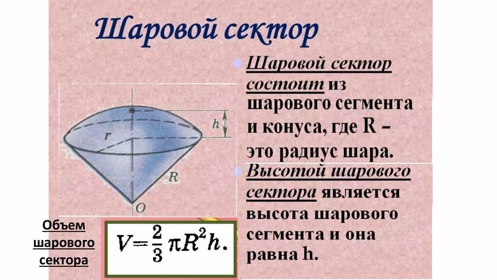 Шаровый слой формула. Шар шаровой сектор шаровой сегмент формулы. Высота шарового сектора. Шаровой сектор это в геометрии. Шаровой сектор чертеж.