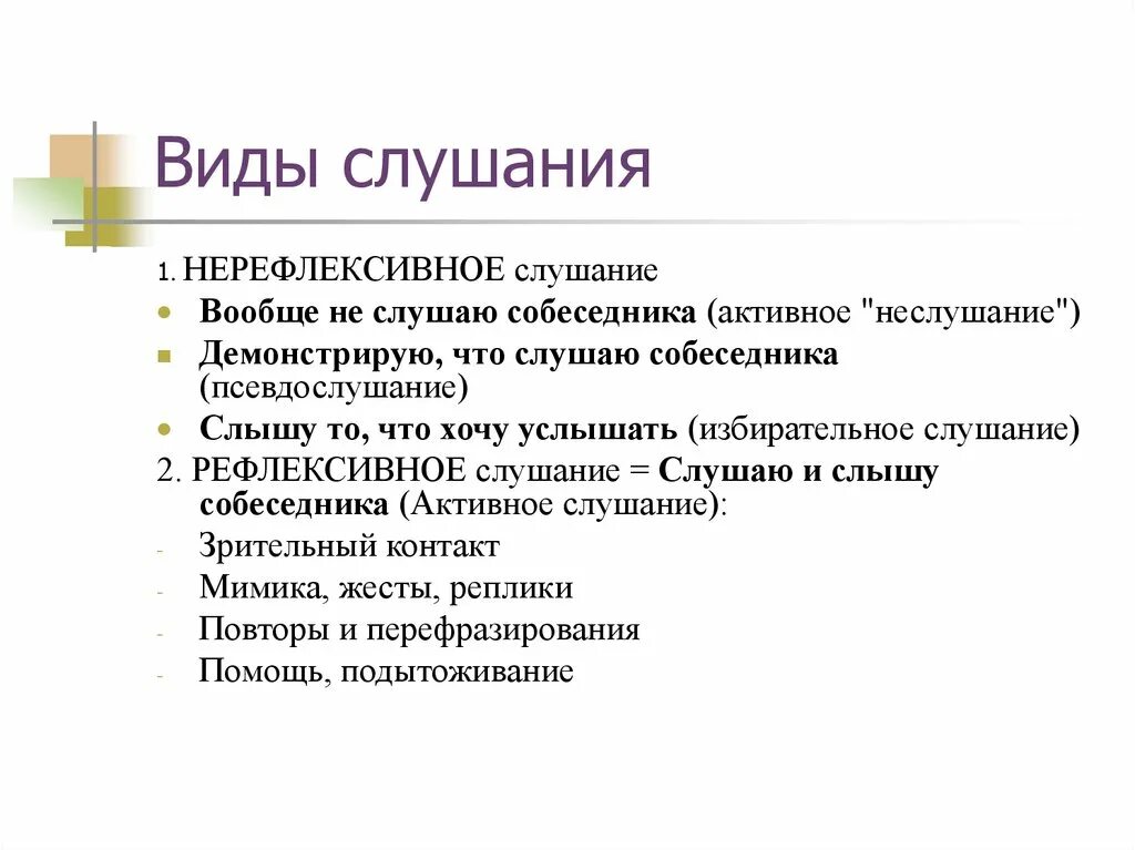 Какие виды слушания. Виды слушания. Слушание виды слушания. Виды слушания активное нерефлексивное слушание. Виды рефлексивного слушания.