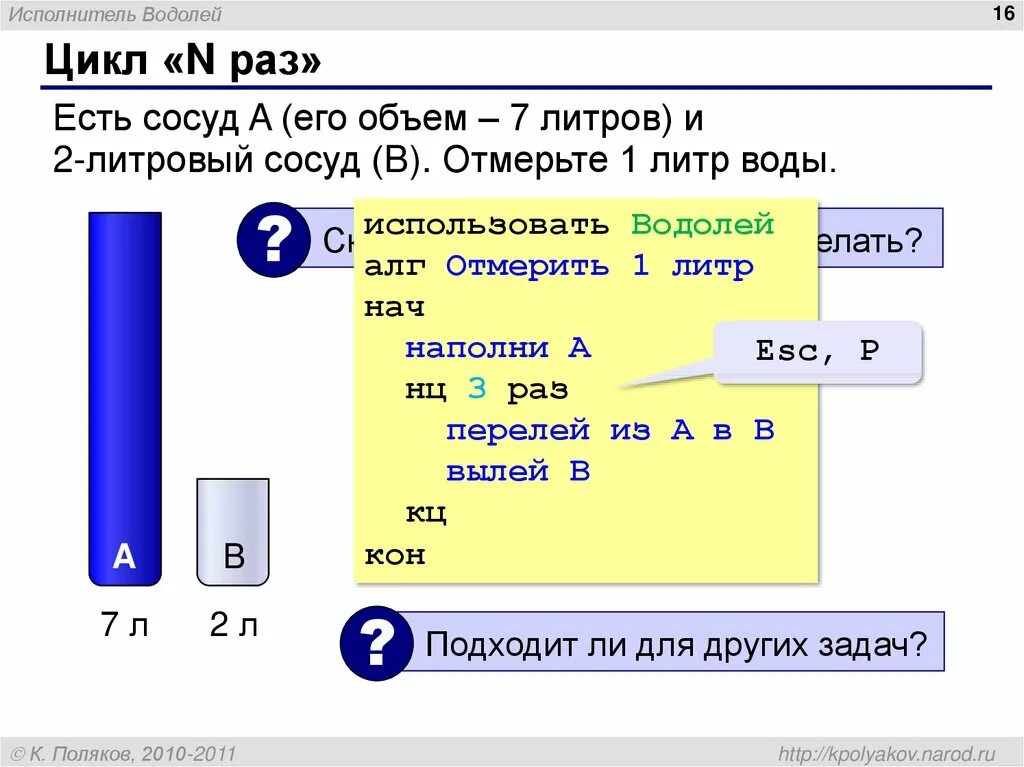 Набираем сосуд литров воды. Водолей: циклы n раз. Исполнитель Водолей задачи. Программа Водолей. Задачи с программой Водолей.