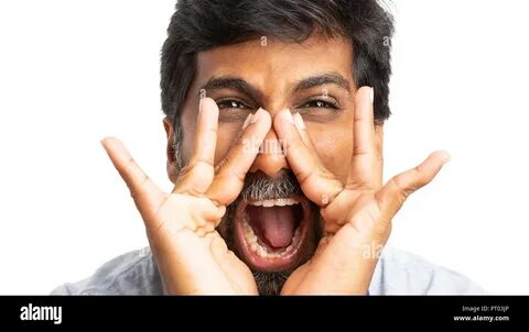 Frontal close-up picture isolated on white background of angry indian man s...