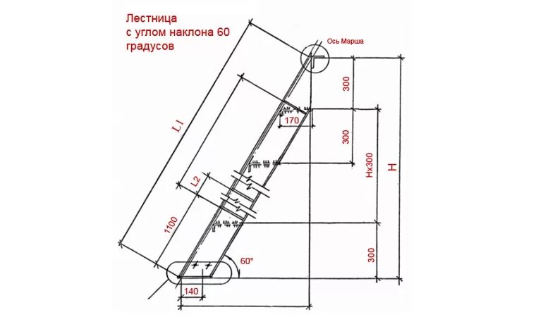 Чертеж лестницы с уклоном 60 градусов. Лестница под 60 градусов высота ступеней. Лестница металлическая 45 градусов чертеж. Лестница приставная 3м чертёж. Максимальный угол лестницы