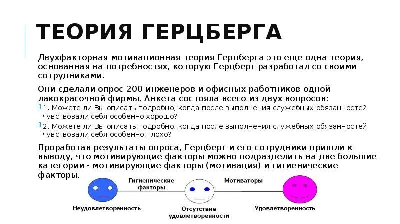 Теории мотивации тест. Герцберг теория мотивации. Двухфакторная теория Герцберга. Опросник Герцберга. Мотивационная теория Герцберга расшифровка.