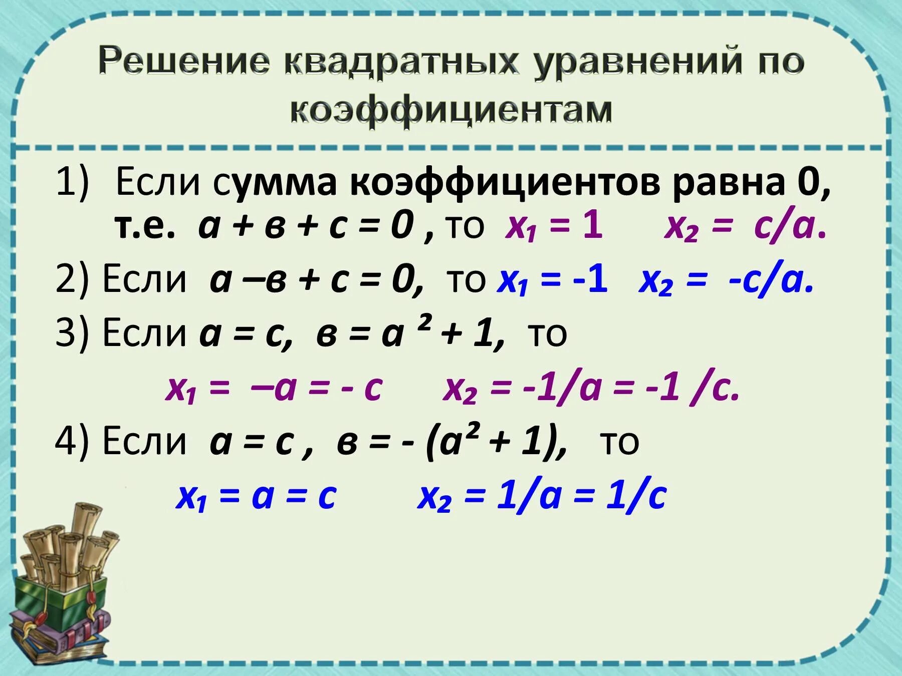 Решите уравнение 1 х 2 в квадрате. Решение квадратных уравнений через коэффициент. Квадратное уравнение сумма коэффициентов равна нулю. Решение квадратного уравнения если сумма коэффициентов равна 0. Решение квадратного уравнение через в1.