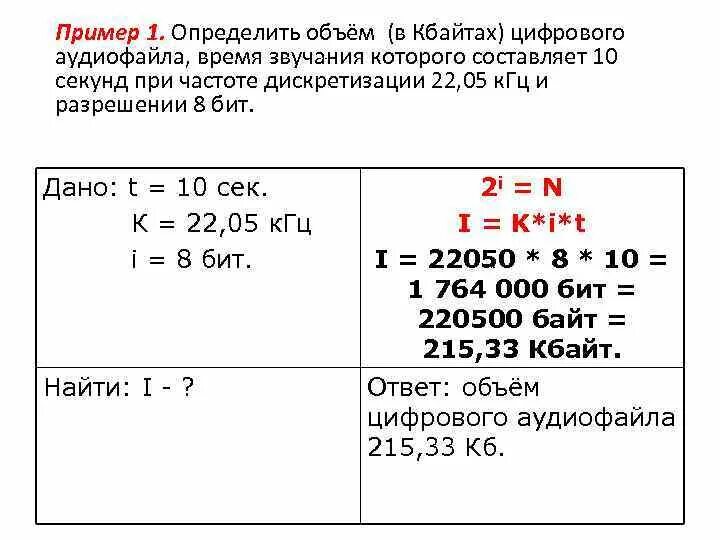 Рассчитайте звучания моноаудиофайла. Информационный объем цифрового стереоаудиофайла. Определить время звучания аудиофайла. Определите размер в байтах. Определения объема аудиофайла.