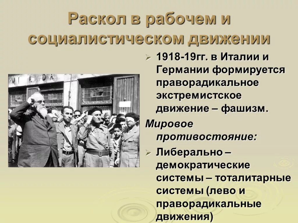 Раскол в рабочем и социалистическом движении. Раскол Социалистического движения. Рабочее и социалистическое движение. Особенности итальянского Социалистического и рабочего движения. Результаты рабочего движения