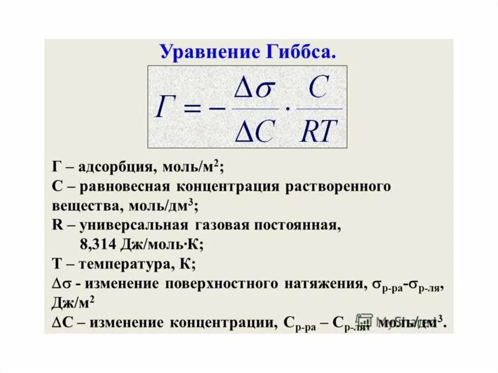 Адсорбционная формула Гиббса. Адсорбция уравнение адсорбции Гиббса. Адсорбционное уравнение Гиббса. Фундаментальное адсорбционное уравнение Гиббса. Рассчитать адсорбцию