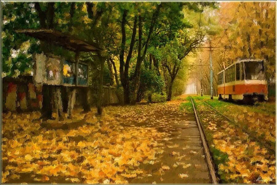 Осень остановись. Осенний трамвай. Трамвай осень. Трамвай в листве. Картины осень в городе.