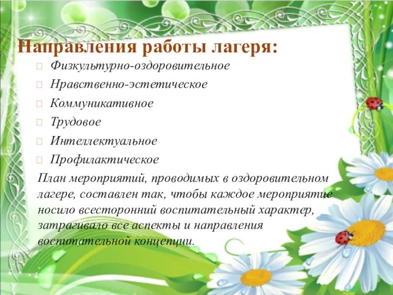 Направления работы в лагере. Направления воспитательной работы в лагере. Направления для пришкольного лагеря. Направления воспитания в дол. Направление оздоровительного лагеря