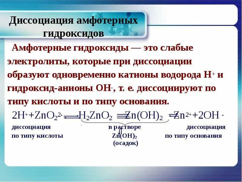 Теория э д. Диссоциация амфотерных гидроксидов. Схема равновесия диссоциации гидроксида цинка. Диссоциация гидроксидов. Диссоциация амфотерных оснований.