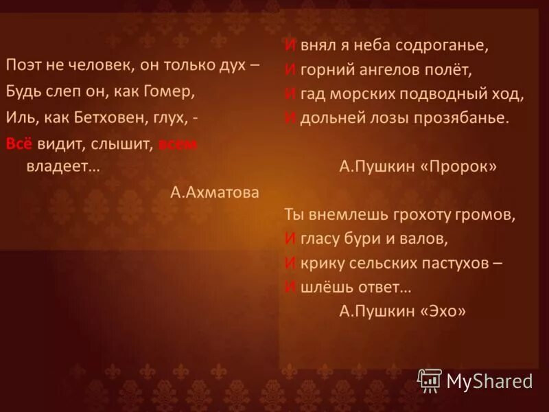 И внял я неба содроганье. Ахматова пророк. Гомер был слеп Бетховен глух. Цель поэзии идеал а не нравоучение. Внимая небо