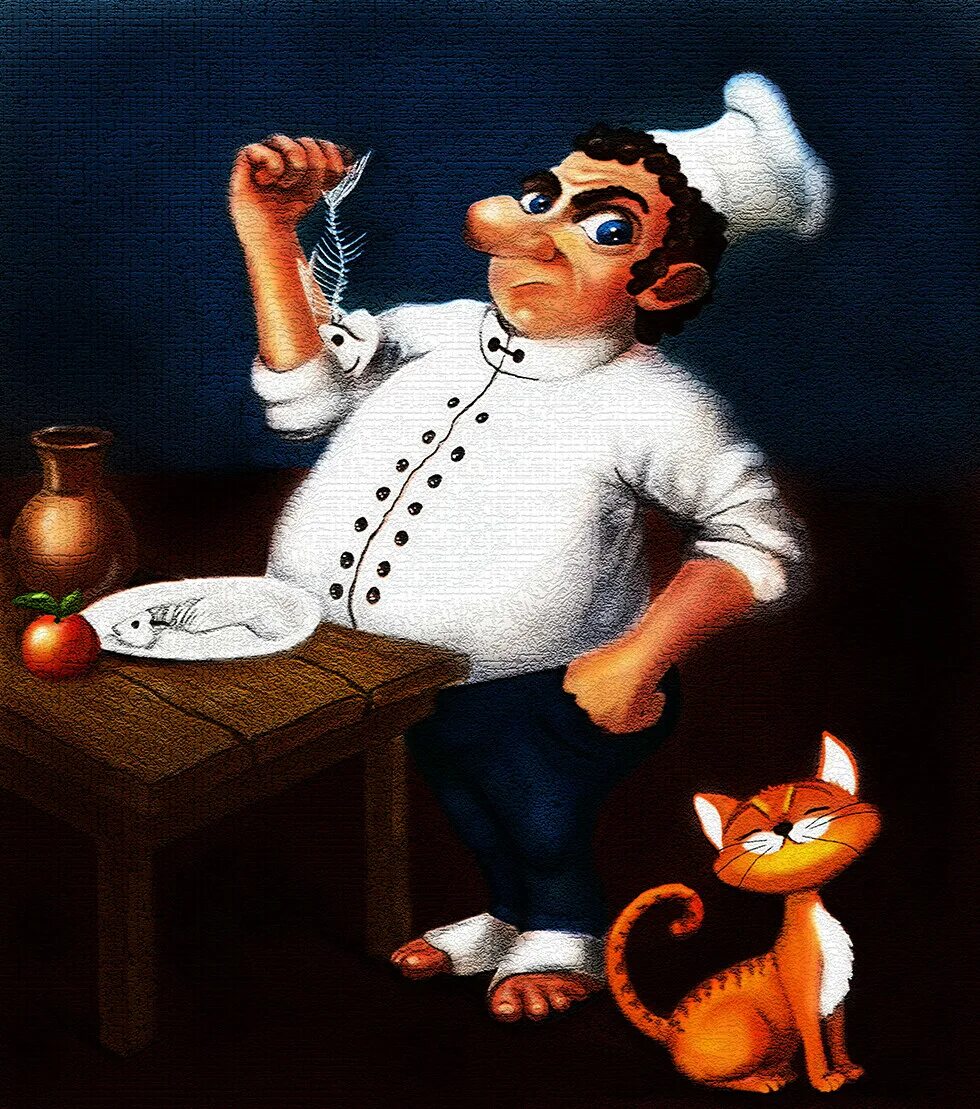 Cat cook. Кот повар. Кот и повар иллюстрации. Иллюстрация к басне кот и повар.